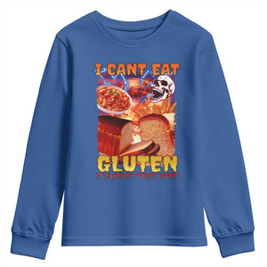 Funny Gluten Intolerance Youth Sweatshirt I Can't Eat Gluten It Makes My Tummy Hurt Skeleton Meme TS02 Royal Blue Print Your Wear