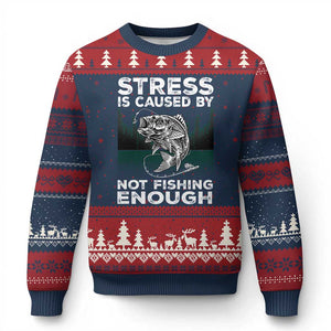 Funny Fishing Ugly Christmas Sweater Stress Is Caused By Not Fishing Enough Bass Fly Lovers Fisherman TS02 Navy Red Print Your Wear