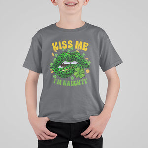Funny St. Patricks Day T Shirt For Kid Kiss Me I'm Naughty Irish Women Leopard Biting Lips TS02 Charcoal Printyourwear