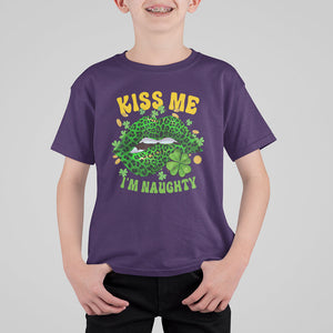Funny St. Patricks Day T Shirt For Kid Kiss Me I'm Naughty Irish Women Leopard Biting Lips TS02 Purple Printyourwear