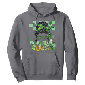 Funny St. Patricks Day Women Hoodie Happy Go Lucky Messy Bun with Shamrocks TS02 Charcoal Printyourwear