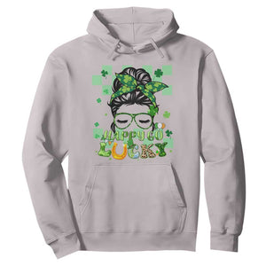 Funny St. Patricks Day Women Hoodie Happy Go Lucky Messy Bun with Shamrocks TS02 Ice Gray Printyourwear