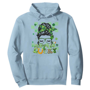 Funny St. Patricks Day Women Hoodie Happy Go Lucky Messy Bun with Shamrocks TS02 Light Blue Printyourwear