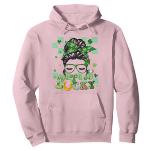 Funny St. Patricks Day Women Hoodie Happy Go Lucky Messy Bun with Shamrocks TS02 Light Pink Printyourwear