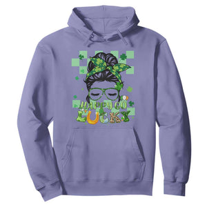 Funny St. Patricks Day Women Hoodie Happy Go Lucky Messy Bun with Shamrocks TS02 Violet Printyourwear