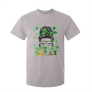 Funny St. Patricks Day Women T Shirt For Kid Happy Go Lucky Messy Bun with Shamrocks TS02 Ice Gray Printyourwear