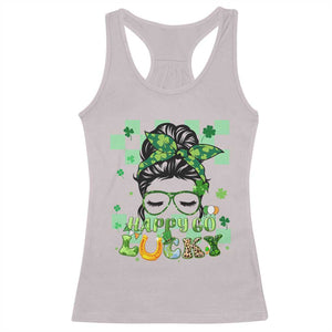 Funny St Patricks Day Women Racerback Tank Top Happy Go Lucky Messy Bun with Shamrocks TS02 Ice Gray Print Your Wear