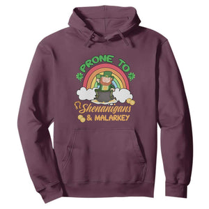 Funny St. Patricks Day Hoodie Prone To Shenanigans and Malarkey Cute Leprechaun Rainbow TS02 Maroon Printyourwear