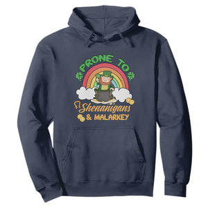 Funny St. Patricks Day Hoodie Prone To Shenanigans and Malarkey Cute Leprechaun Rainbow TS02 Navy Printyourwear