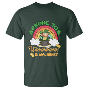 Funny St. Patricks Day T Shirt Prone To Shenanigans and Malarkey Cute Leprechaun Rainbow TS02 Dark Forest Green Printyourwear