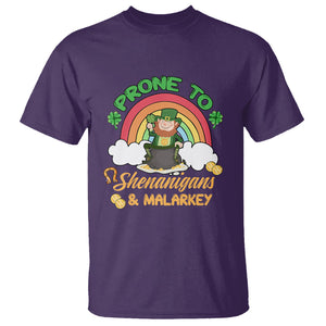 Funny St. Patricks Day T Shirt Prone To Shenanigans and Malarkey Cute Leprechaun Rainbow TS02 Purple Printyourwear