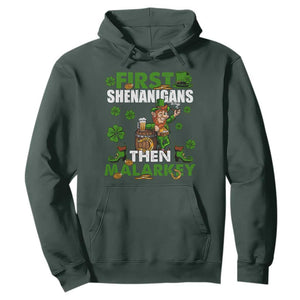 Funny St. Patricks Day Hoodie First Shenanigans Then Malarkey Drinking Leprechaun TS02 Dark Forest Green Printyourwear