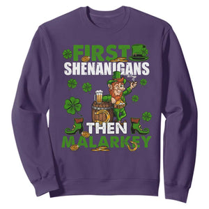 Funny St. Patricks Day Sweatshirt First Shenanigans Then Malarkey Drinking Leprechaun TS02 Purple Printyourwear