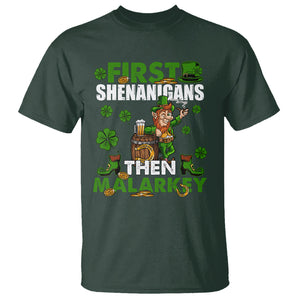 Funny St. Patricks Day T Shirt First Shenanigans Then Malarkey Drinking Leprechaun TS02 Dark Forest Green Printyourwear
