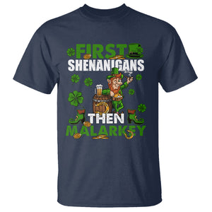 Funny St. Patricks Day T Shirt First Shenanigans Then Malarkey Drinking Leprechaun TS02 Navy Printyourwear