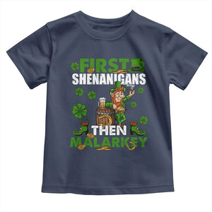 Funny St Patricks Day Toddler T Shirt First Shenanigans Then Malarkey Drinking Leprechaun TS02 Navy Print Your Wear