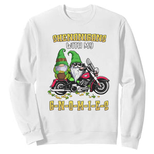 Funny St. Patricks Day Gnome Sweatshirt Shenanigans With My Gnomies Motorbike Rider TS02 White Printyourwear