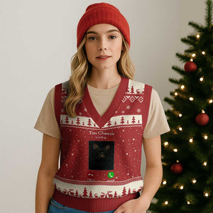 Tim Cheese Is Calling V-Neck Knit Sweater Vest Funny Decline Or Accept Meme TS02 Red Beige Print Your Wear