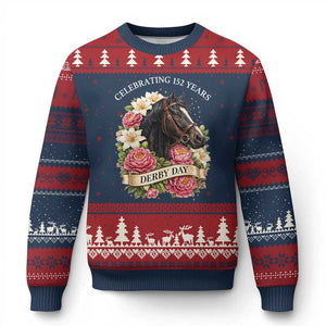 Celebrating 152 Years Derby Day Floral Ugly Christmas Sweater Horse Racing Pink Peony White Lily Equestrian 152nd Anniversary TS02 Navy Red Print Your Wear