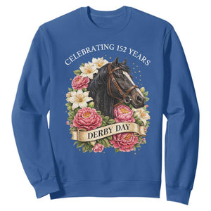 Celebrating 152 Years Derby Day Floral Sweatshirt Horse Racing Pink Peony White Lily Equestrian 152nd Anniversary TS02 Royal Blue Print Your Wear