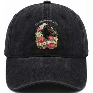 Celebrating 152 Years Derby Day Floral Washed Cotton Baseball Cap Horse Racing Pink Peony White Lily Equestrian 152nd Anniversary TS02 Print Your Wear