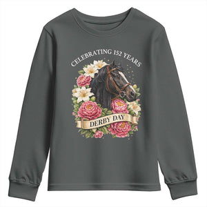 Celebrating 152 Years Derby Day Floral Youth Sweatshirt Horse Racing Pink Peony White Lily Equestrian 152nd Anniversary TS02 Dark Heather Print Your Wear