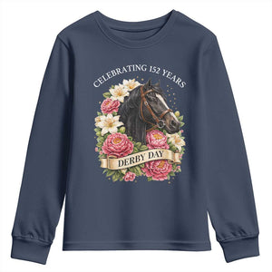 Celebrating 152 Years Derby Day Floral Youth Sweatshirt Horse Racing Pink Peony White Lily Equestrian 152nd Anniversary TS02 Navy Print Your Wear