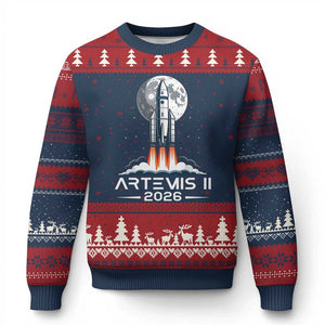 Lunar Journey 2026 Retro Rocket Launch Ugly Christmas Sweater Space Exploration Astronomy Enthusiasts Sci-Fi Lovers TS02 Navy Red Print Your Wear