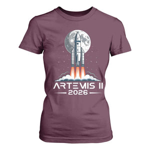Lunar Journey 2026 Retro Rocket Launch T Shirt For Women Space Exploration Astronomy Enthusiasts Sci-Fi Lovers TS02 Maroon Print Your Wear
