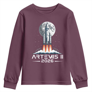Lunar Journey 2026 Retro Rocket Launch Youth Sweatshirt Space Exploration Astronomy Enthusiasts Sci-Fi Lovers TS02 Maroon Print Your Wear