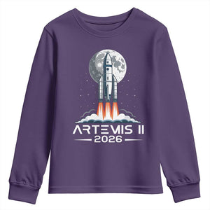 Lunar Journey 2026 Retro Rocket Launch Youth Sweatshirt Space Exploration Astronomy Enthusiasts Sci-Fi Lovers TS02 Purple Print Your Wear