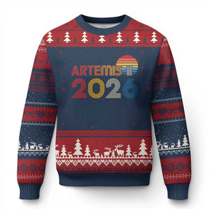 2026 Lunar Mission Retro Sunset Ugly Christmas Sweater Vintage Space Exploration Astronomy Enthusiasts Sci-Fi Lovers TS02 Navy Red Print Your Wear