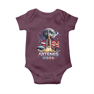 Patriotic 2026 Lunar Orbit Mission Rocket Launch Baby Onesie American Flag n Moon Patriotic Space Astronomy Enthusiasts TS02 Maroon Print Your Wear