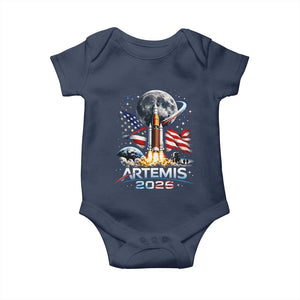 Patriotic 2026 Lunar Orbit Mission Rocket Launch Baby Onesie American Flag n Moon Patriotic Space Astronomy Enthusiasts TS02 Navy Print Your Wear