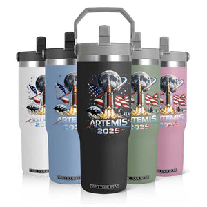 Patriotic 2026 Lunar Orbit Mission Rocket Launch Flip Straw Tumbler American Flag n Moon Patriotic Space Astronomy Enthusiasts TS02 Print Your Wear