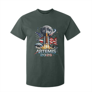Patriotic 2026 Lunar Orbit Mission Rocket Launch T Shirt For Kid American Flag n Moon Patriotic Space Astronomy Enthusiasts TS02 Dark Forest Green Print Your Wear
