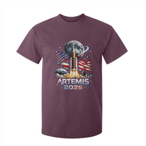 Patriotic 2026 Lunar Orbit Mission Rocket Launch T Shirt For Kid American Flag n Moon Patriotic Space Astronomy Enthusiasts TS02 Maroon Print Your Wear
