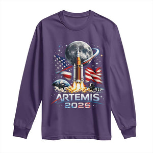 Patriotic 2026 Lunar Orbit Mission Rocket Launch Long Sleeve Shirt American Flag n Moon Patriotic Space Astronomy Enthusiasts TS02 Purple Print Your Wear