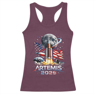 Patriotic 2026 Lunar Orbit Mission Rocket Launch Racerback Tank Top American Flag n Moon Patriotic Space Astronomy Enthusiasts TS02 Maroon Print Your Wear