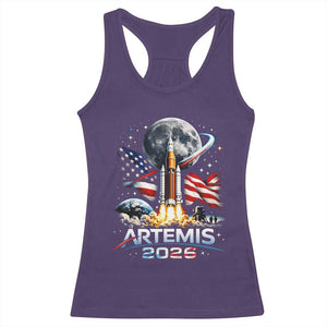 Patriotic 2026 Lunar Orbit Mission Rocket Launch Racerback Tank Top American Flag n Moon Patriotic Space Astronomy Enthusiasts TS02 Purple Print Your Wear