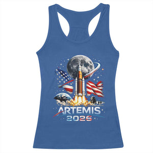 Patriotic 2026 Lunar Orbit Mission Rocket Launch Racerback Tank Top American Flag n Moon Patriotic Space Astronomy Enthusiasts TS02 Royal Blue Print Your Wear