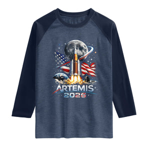 Patriotic 2026 Lunar Orbit Mission Rocket Launch Raglan Shirt American Flag n Moon Patriotic Space Astronomy Enthusiasts TS02 Heather Denim Navy Print Your Wear