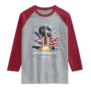 Patriotic 2026 Lunar Orbit Mission Rocket Launch Raglan Shirt American Flag n Moon Patriotic Space Astronomy Enthusiasts TS02 Heather Gray Heather Red Print Your Wear