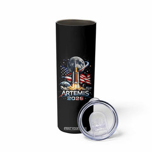 Patriotic 2026 Lunar Orbit Mission Rocket Launch Skinny Tumbler American Flag n Moon Patriotic Space Astronomy Enthusiasts TS02 Print Your Wear