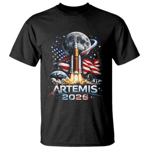 Patriotic 2026 Lunar Orbit Mission Rocket Launch T Shirt American Flag n Moon Patriotic Space Astronomy Enthusiasts TS02 Black Print Your Wear