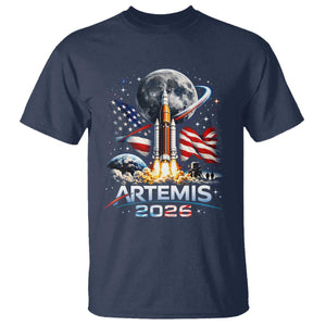 Patriotic 2026 Lunar Orbit Mission Rocket Launch T Shirt American Flag n Moon Patriotic Space Astronomy Enthusiasts TS02 Navy Print Your Wear