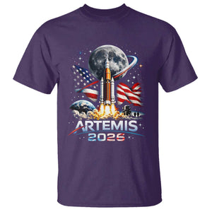 Patriotic 2026 Lunar Orbit Mission Rocket Launch T Shirt American Flag n Moon Patriotic Space Astronomy Enthusiasts TS02 Purple Print Your Wear