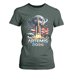 Patriotic 2026 Lunar Orbit Mission Rocket Launch T Shirt For Women American Flag n Moon Patriotic Space Astronomy Enthusiasts TS02 Dark Forest Green Print Your Wear