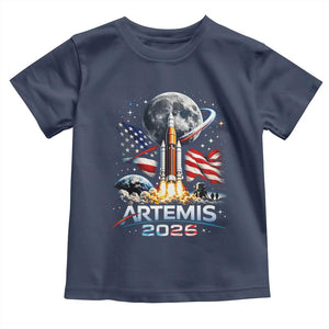 Patriotic 2026 Lunar Orbit Mission Rocket Launch Toddler T Shirt American Flag n Moon Patriotic Space Astronomy Enthusiasts TS02 Navy Print Your Wear