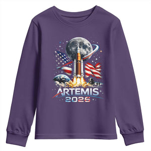 Patriotic 2026 Lunar Orbit Mission Rocket Launch Youth Sweatshirt American Flag n Moon Patriotic Space Astronomy Enthusiasts TS02 Purple Print Your Wear